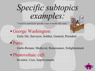 Specific subtopics examples: Early life, Surveyor, Soldier, General, President Gallo-Roman, Medieval, Renaissance, Enlightenment Inventor, Uses, Improvements Paris: Photovoltaic cell: George Washington: “ I need to search for specific ways to tackle this topic.” Subtopics 