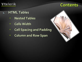 Contents  HTML Tables Nested Tables Cells Width Cell Spacing and Padding Column and Row Span 