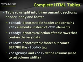 Complete HTML Tables Table rows split into three semantic sections: header, body and footer <thead>  denotes table header and contains  <th>  elements, instead of  <td>  elements <tbody>  denotes collection of table rows that contain the very data <tfoot>  denotes table footer but comes BEFORE the  <tbody>  tag <colgroup>  and  <col>  define columns (used to set column widths) 