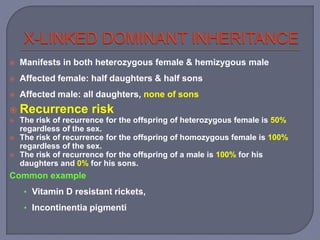  Manifests in both heterozygous female & hemizygous male
 Affected female: half daughters & half sons
 Affected male: all daughters, none of sons
 Recurrence risk
 The risk of recurrence for the offspring of heterozygous female is 50%
regardless of the sex.
 The risk of recurrence for the offspring of homozygous female is 100%
regardless of the sex.
 The risk of recurrence for the offspring of a male is 100% for his
daughters and 0% for his sons.
Common example
• Vitamin D resistant rickets,
• Incontinentia pigmenti
 