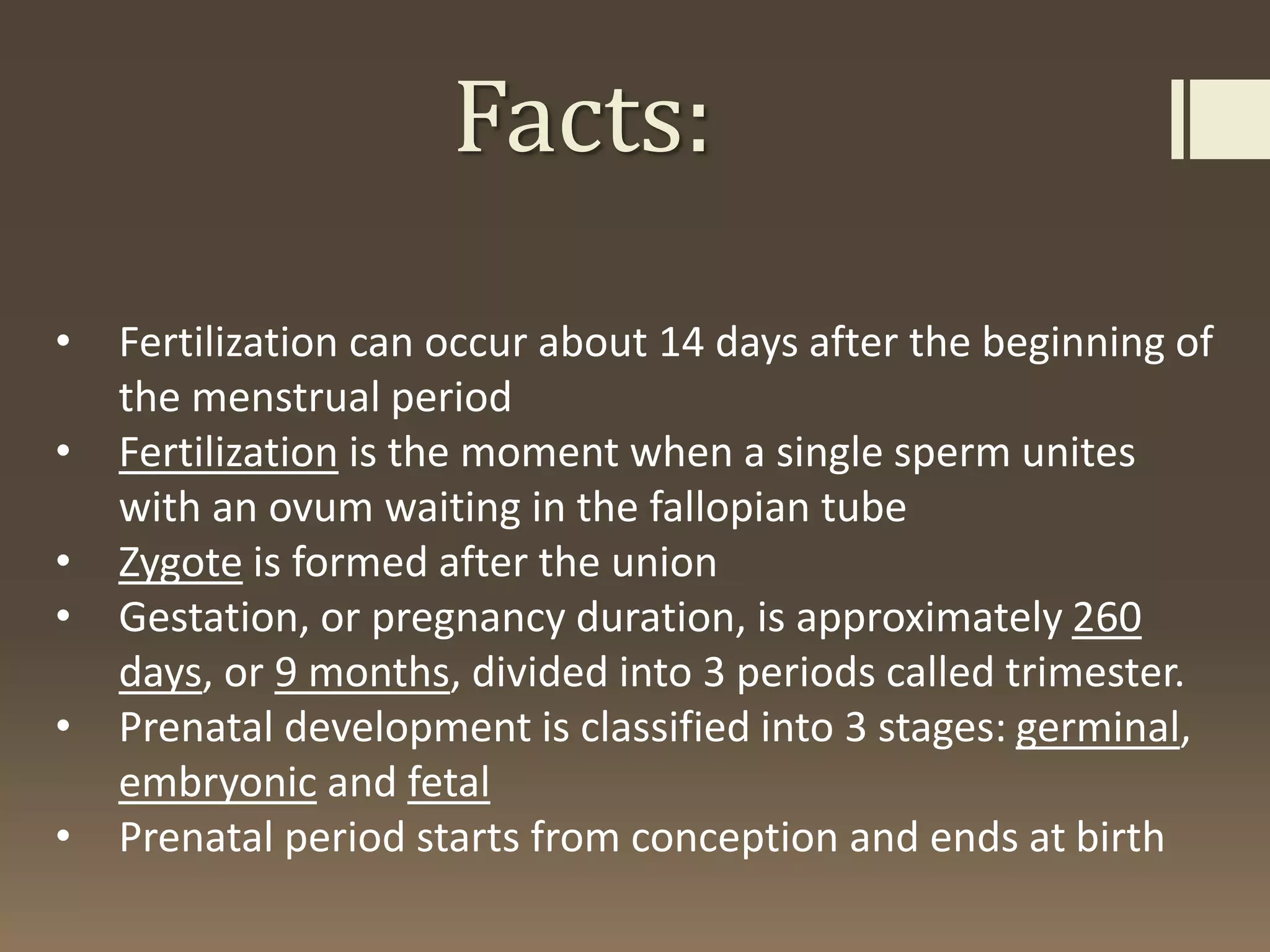 Facts:
• Fertilization can occur about 14 days after the beginning of
the menstrual period
• Fertilization is the moment when a single sperm unites
with an ovum waiting in the fallopian tube
• Zygote is formed after the union
• Gestation, or pregnancy duration, is approximately 260
days, or 9 months, divided into 3 periods called trimester.
• Prenatal development is classified into 3 stages: germinal,
embryonic and fetal
• Prenatal period starts from conception and ends at birth
 