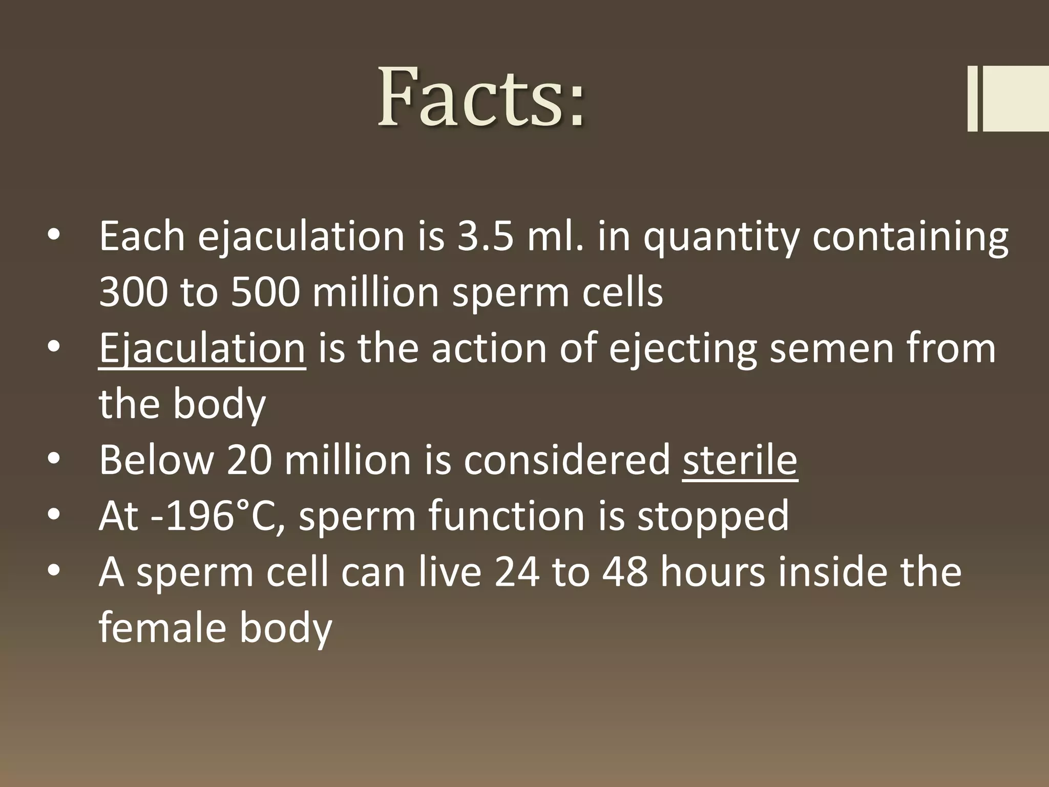 Facts:
• Each ejaculation is 3.5 ml. in quantity containing
300 to 500 million sperm cells
• Ejaculation is the action of ejecting semen from
the body
• Below 20 million is considered sterile
• At -196°C, sperm function is stopped
• A sperm cell can live 24 to 48 hours inside the
female body
 