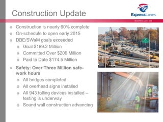 Construction Update 
» Construction is nearly 90% complete 
» On-schedule to open early 2015 
» DBE/SWaM goals exceeded 
C...
