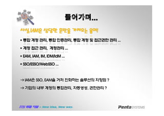 들어가며...
사실사실 IAMIAM은은 상당한상당한 혼란을혼란을 가져오는가져오는 용어용어!!
§§ 통합통합 계정계정 관리관리,, 통합통합 인증관리인증관리,, 통합통합 계정계정 및및 접근권한접근권한 관리관리 ......
§§ 계정계정 접근접근 관리관리,, 계정관리계정관리 ......
§§ EAMEAM, IAM, IM,, IAM, IM, IDM/IDM/IdMIdM ......
§§ SSO/ESSO/SSO/ESSO/WebSSOWebSSO ......
→ IAM은 SSO, EAM을 거처 진화하는 솔루션의 지향점 ?
→ 기업의 내부 계정의 통합관리, 자동생성, 권한관리 ?
 
