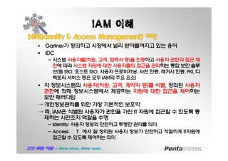 IAM 이해
IAM(IdentityIAM(Identity && AccessAccess Management)Management) 이란이란
§ Gartner가 정의하고 시장에서 널리 받아들여지고 있는 용어
§ IDC
-시스템 사용자들(직원, 고객, 협력사 등)을 인증하고 사용자 권한과 접근 제
한에 따라 시스템 자원에 대한 사용자들의 접근을 관리하는 통합 보안 솔루
션(웹 SSO, 호스트 SSO, 사용자 프로비저닝, 사전 인증, 레거시 인증, PKI, 디
렉토리서비스 등은 모두 IAM의 주요 요소)
§ 각 정보시스템의 사용자(직원, 고객, 계약자 등)를 식별, 정의된 사용자
권한에 의해 정보시스템에서 제공하는 자원에 대한 접근을 제어하는
보안 패러다임
→ 개인정보관리를 위한 가장 기본적인 보호막
→ 즉, IAM은 식별된 사용자가 권한을 가진 IT 자원에 접근할 수 있도록 통
제하는 사전조치 역할을 수행
-Identity:사용자 정보의 안전하고 투명한 관리를 의미
-Access: ‘I’에서 잘 정리된 사용자 정보가 안전하고 적절하게 IT자원에
접근할수 있도록 제어하는의미
 