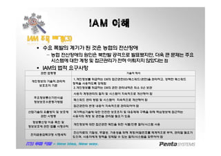 관련 법령명 기술적 해석
개인정보의 기술적.관리적
보호조치 기준
1,개인정보를 취급하는 DB의 접근권한(ID/패스워드/권한)을 관리하고, 강력한 패스워드
정책을 사용하도록 강제함
2.개인정보를 취급하는 DB의 권한 관리내역은 최소 5년 보관
주요정보통신기반시설
정보보호수준평가방법
사용자 계정관리의 절차 및 시스템이 지속적으로 개선해야 함
패스워드 관리 방법 및 시스템이 지속적으로 개선해야 함
접근권한의 변경 내용이 지속적으로 관리되어야 함
산업기술의 유출방지 및 보호에
관한 시행령
국가핵심기술에 대한 안전한 보호조치 및 대응체제 구축을 위해 핵심정보에 접근하는
사용자의 계정 및 권한을 관리할 필요가 있음
정보통신망 이용 촉진 및
정보보호에 관한 법률 시행규칙
개인정보에 대한 접근권한 확인을 위한 식별/인증 절차/시스템 사용
전자금융감독규정 시행세칙
전산자료의 기밀성, 무결성, 가용성을 위해 계정/비밀번호를 체계적으로 부여, 관리할 필요가
있으며, 사용자에게 정책을 강제할 수 있는 절차/시스템을 갖추어야 함
IAMIAM 주목주목 배경배경((33))
§ 수요 폭발의 계기가 된 것은 농협의 전산장애
− 농협 전산장애의 원인은 북한발 공격으로 발표됐지만, 더욱 큰 문제는 주요
시스템에대한 계정 및 접근관리가전혀 이뤄지지않았다는점
§ IAM의 법적 요구사항
IAM 이해
 