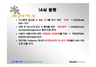IAM 동향
IAMIAM 솔루션솔루션 시장시장 구분구분
§ 시스템에 접근할 수 있는 인가를 받기 위한 ‘인증’→ SSO(Single
Sign-On)
§ 인증 후 리소스에 접근 시 통제를 위한 ‘접근제어’→ EAM(Extranet
Access Management, 통합 인증 관리)
§ 사용자 식별수단에 대한 자동화된 계정관리를 지원 →‘계정관리(IM:
Identity Management)
§ 최근에는 Gateway 방식의 원격접속관리 및 감사 제품들도 IAM 시장
으로 진출, 두각
 