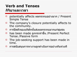 Verb and Tenses กิริยาและเวลา potentially affects  ผลกระทบอย่างมาก  / Present Simple Tense The company’s closure potentially affects to the community. การปิดตัวของบริษัทนั้นส่งผลกระทบมากแก่ชุมชน has been made  ถูกกระทำขึ้น  /Present Perfect Tense /Passive form The job-seeking support has been made in time. การสนับสนุนการหางานถูกดำเนินการอย่างทันท่วงที 