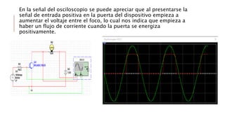 En la señal del osciloscopio se puede apreciar que al presentarse la
señal de entrada positiva en la puerta del dispositivo empieza a
aumentar el voltaje entre el foco, lo cual nos indica que empieza a
haber un flujo de corriente cuando la puerta se energiza
positivamente.
 