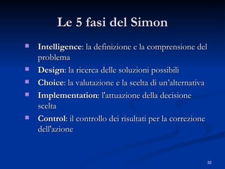 Le 5 fasi del Simon Intelligence : la definizione e la comprensione del problema  Design : la ricerca delle soluzioni possibili Choice : la valutazione e la scelta di un’alternativa Implementation : l'attuazione della decisione scelta  Control : il controllo dei risultati per la correzione dell'azione 