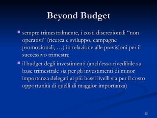 Beyond Budget sempre trimestralmente, i costi discrezionali “non operativi” (ricerca e sviluppo, campagne promozionali, …) in relazione alle previsioni per il successivo trimestre  il budget degli investimenti (anch’esso rivedibile su base trimestrale sia per gli investimenti di minor importanza delegati ai più bassi livelli sia per il costo opportunità di quelli di maggior importanza) 