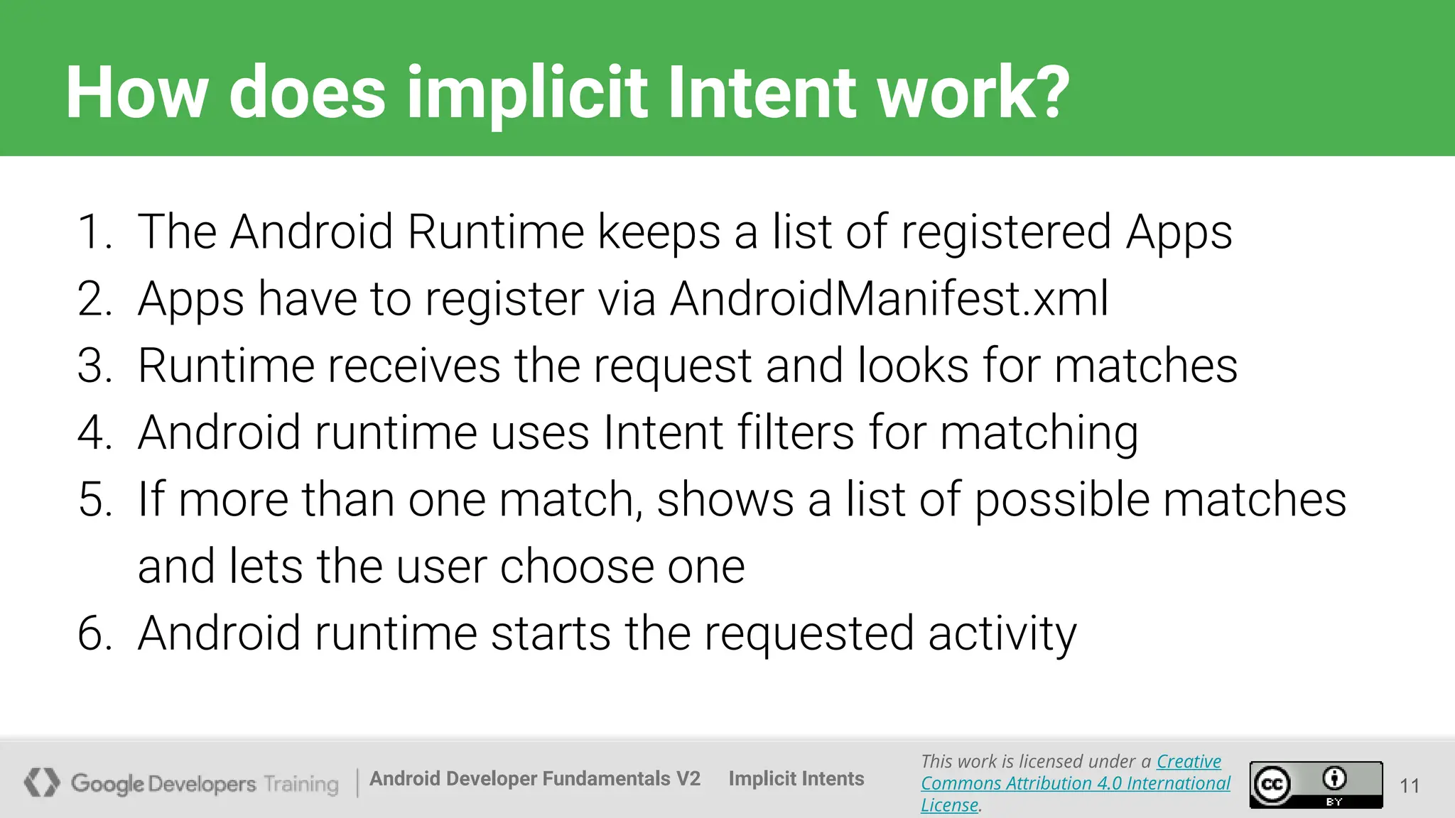 Android Developer Fundamentals V2
This work is licensed under a Creative
Commons Attribution 4.0 International
License.
Implicit Intents
How does implicit Intent work?
11
1. The Android Runtime keeps a list of registered Apps
2. Apps have to register via AndroidManifest.xml
3. Runtime receives the request and looks for matches
4. Android runtime uses Intent filters for matching
5. If more than one match, shows a list of possible matches
and lets the user choose one
6. Android runtime starts the requested activity
 