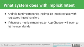Android Developer Fundamentals V2
This work is licensed under a Creative
Commons Attribution 4.0 International
License.
Implicit Intents
What system does with implicit Intent
10
● Android runtime matches the implicit intent request with
registered intent handlers
● If there are multiple matches, an App Chooser will open to
let the user decide
 