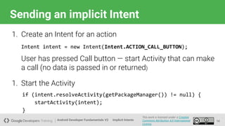 Android Developer Fundamentals V2
This work is licensed under a Creative
Commons Attribution 4.0 International
License.
Implicit Intents
Sending an implicit Intent
14
1. Create an Intent for an action
Intent intent = new Intent(Intent.ACTION_CALL_BUTTON);
User has pressed Call button — start Activity that can make
a call (no data is passed in or returned)
1. Start the Activity
if (intent.resolveActivity(getPackageManager()) != null) {
startActivity(intent);
}
 