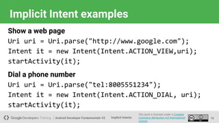 Android Developer Fundamentals V2
This work is licensed under a Creative
Commons Attribution 4.0 International
License.
Implicit Intents
Implicit Intent examples
18
Show a web page
Uri uri = Uri.parse("http://www.google.com");
Intent it = new Intent(Intent.ACTION_VIEW,uri);
startActivity(it);
Dial a phone number
Uri uri = Uri.parse("tel:8005551234");
Intent it = new Intent(Intent.ACTION_DIAL, uri);
startActivity(it);
 