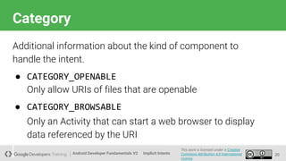 Android Developer Fundamentals V2
This work is licensed under a Creative
Commons Attribution 4.0 International
License.
Implicit Intents
Category
20
Additional information about the kind of component to
handle the intent.
● CATEGORY_OPENABLE
Only allow URIs of files that are openable
● CATEGORY_BROWSABLE
Only an Activity that can start a web browser to display
data referenced by the URI
 