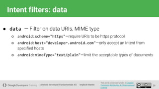 Android Developer Fundamentals V2
This work is licensed under a Creative
Commons Attribution 4.0 International
License.
Implicit Intents
Intent filters: data
29
● data — Filter on data URIs, MIME type
○ android:scheme="https"—require URIs to be https protocol
○ android:host="developer.android.com"—only accept an Intent from
specified hosts
○ android:mimeType="text/plain"—limit the acceptable types of documents
 