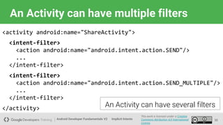 Android Developer Fundamentals V2
This work is licensed under a Creative
Commons Attribution 4.0 International
License.
Implicit Intents 30
An Activity can have multiple filters
<activity android:name="ShareActivity">
<intent-filter>
<action android:name="android.intent.action.SEND"/>
...
</intent-filter>
<intent-filter>
<action android:name="android.intent.action.SEND_MULTIPLE"/>
...
</intent-filter>
</activity> An Activity can have several filters
 