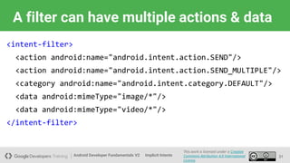 Android Developer Fundamentals V2
This work is licensed under a Creative
Commons Attribution 4.0 International
License.
Implicit Intents
A filter can have multiple actions & data
<intent-filter>
<action android:name="android.intent.action.SEND"/>
<action android:name="android.intent.action.SEND_MULTIPLE"/>
<category android:name="android.intent.category.DEFAULT"/>
<data android:mimeType="image/*"/>
<data android:mimeType="video/*"/>
</intent-filter>
31
 