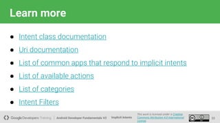 Android Developer Fundamentals V2
This work is licensed under a Creative
Commons Attribution 4.0 International
License.
Implicit Intents
Learn more
● Intent class documentation
● Uri documentation
● List of common apps that respond to implicit intents
● List of available actions
● List of categories
● Intent Filters
33
 