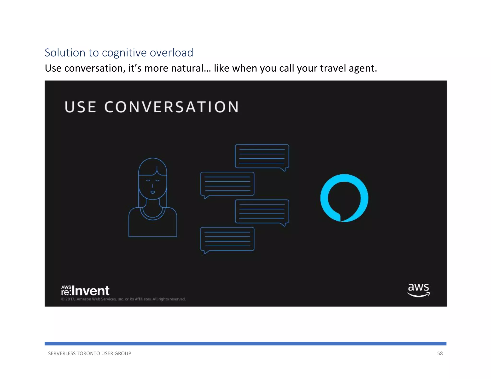 SERVERLESS TORONTO USER GROUP 58
Solution to cognitive overload
Use conversation, it’s more natural… like when you call your travel agent.
 