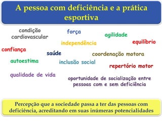 A pessoa com deficiência e a prática
esportiva
Percepção que a sociedade passa a ter das pessoas com
deficiência, acreditando em suas inúmeras potencialidades
confiança
autoestima inclusão social
saúde
qualidade de vida
condição
cardiovascular
força
agilidade
coordenação motora
equilíbrio
repertório motor
oportunidade de socialização entre
pessoas com e sem deficiência
independência
 