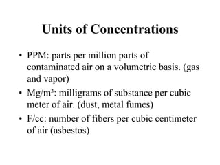 Units of Concentrations
• PPM: parts per million parts of
contaminated air on a volumetric basis. (gas
and vapor)
• Mg/m³: milligrams of substance per cubic
meter of air. (dust, metal fumes)
• F/cc: number of fibers per cubic centimeter
of air (asbestos)
 