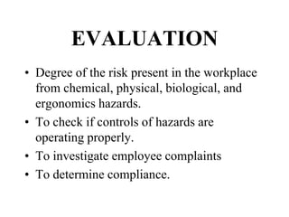 EVALUATION
• Degree of the risk present in the workplace
from chemical, physical, biological, and
ergonomics hazards.
• To check if controls of hazards are
operating properly.
• To investigate employee complaints
• To determine compliance.
 