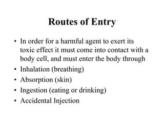 Routes of Entry
• In order for a harmful agent to exert its
toxic effect it must come into contact with a
body cell, and must enter the body through
• Inhalation (breathing)
• Absorption (skin)
• Ingestion (eating or drinking)
• Accidental Injection
 