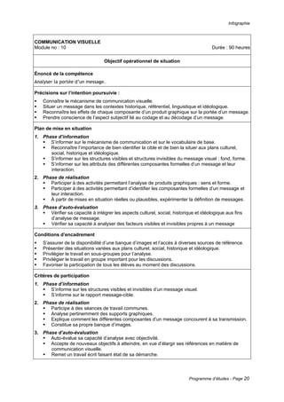 Infographie
Programme d’études - Page 20
COMMUNICATION VISUELLE
Module no : 10 Durée : 90 heures
Objectif opérationnel de situation
Énoncé de la compétence
Analyser la portée d’un message.
Précisions sur l’intention poursuivie :
ƒ Connaître le mécanisme de communication visuelle.
ƒ Situer un message dans les contextes historique, référentiel, linguistique et idéologique.
ƒ Reconnaître les effets de chaque composante d’un produit graphique sur la portée d’un message.
ƒ Prendre conscience de l’aspect subjectif lié au codage et au décodage d’un message.
Plan de mise en situation
1. Phase d’information
ƒ S’informer sur le mécanisme de communication et sur le vocabulaire de base.
ƒ Reconnaître l’importance de bien identifier la cible et de bien la situer aux plans culturel,
social, historique et idéologique.
ƒ S’informer sur les structures visibles et structures invisibles du message visuel : fond, forme.
ƒ S’informer sur les attributs des différentes composantes formelles d’un message et leur
interaction.
2. Phase de réalisation
ƒ Participer à des activités permettant l’analyse de produits graphiques : sens et forme.
ƒ Participer à des activités permettant d’identifier les composantes formelles d’un message et
leur interaction.
ƒ À partir de mises en situation réelles ou plausibles, expérimenter la définition de messages.
3. Phase d’auto-évaluation
ƒ Vérifier sa capacité à intégrer les aspects culturel, social, historique et idéologique aux fins
d’analyse de message.
ƒ Vérifier sa capacité à analyser des facteurs visibles et invisibles propres à un message
Conditions d’encadrement
ƒ S’assurer de la disponibilité d’une banque d’images et l’accès à diverses sources de référence.
ƒ Présenter des situations variées aux plans culturel, social, historique et idéologique.
ƒ Privilégier le travail en sous-groupes pour l’analyse.
ƒ Privilégier le travail en groupe important pour les discussions.
ƒ Favoriser la participation de tous les élèves au moment des discussions.
Critères de participation
1. Phase d’information
ƒ S’informe sur les structures visibles et invisibles d’un message visuel.
ƒ S’informe sur le rapport message-cible.
2. Phase de réalisation
ƒ Participe à des séances de travail communes.
ƒ Analyse pertinemment des supports graphiques.
ƒ Explique comment les différentes composantes d’un message concourent à sa transmission.
ƒ Constitue sa propre banque d’images.
3. Phase d’auto-évaluation
ƒ Auto-évalue sa capacité d’analyse avec objectivité.
ƒ Accepte de nouveaux objectifs à atteindre, en vue d’élargir ses références en matière de
communication visuelle.
ƒ Remet un travail écrit faisant état de sa démarche.
 