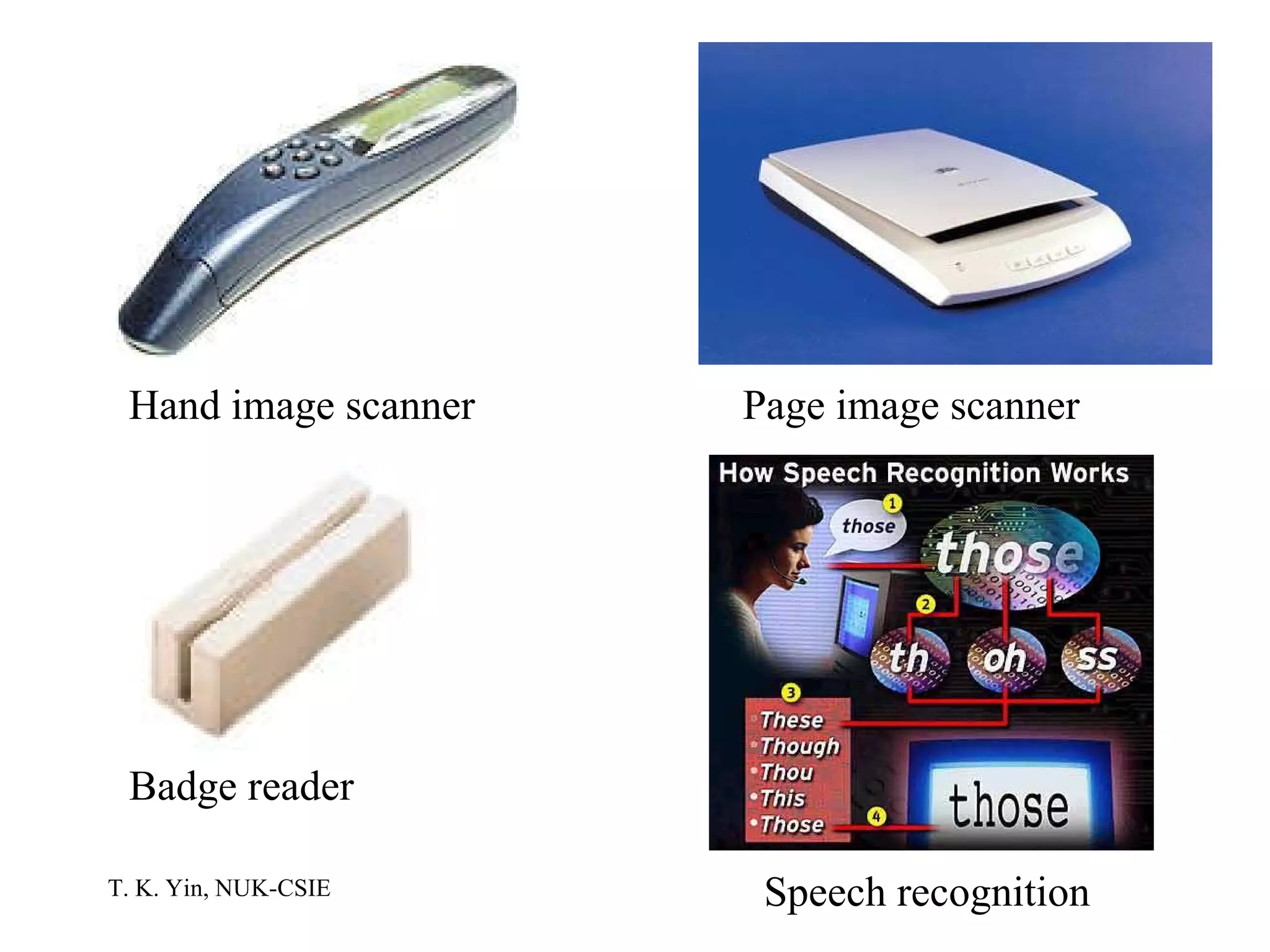 Hand image scanner Page image scanner Badge reader Speech recognition 