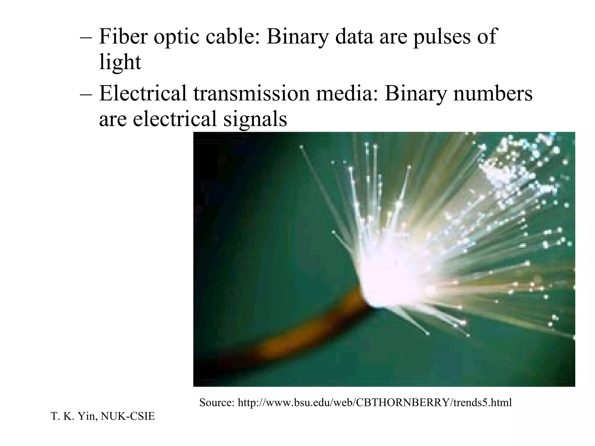 Fiber optic cable: Binary data are pulses of light Electrical transmission media: Binary numbers are electrical signals Source: http://www.bsu.edu/web/CBTHORNBERRY/trends5.html 