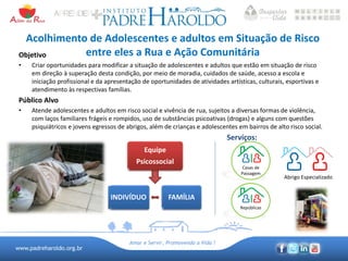 www.padreharoldo.org.br
Amar e Servir, Promovendo a Vida !
Acolhimento de Adolescentes e adultos em Situação de Risco
entre eles a Rua e Ação ComunitáriaObjetivo
• Criar oportunidades para modificar a situação de adolescentes e adultos que estão em situação de risco
em direção à superação desta condição, por meio de moradia, cuidados de saúde, acesso a escola e
iniciação profissional e da apresentação de oportunidades de atividades artísticas, culturais, esportivas e
atendimento às respectivas famílias.
Público Alvo
• Atende adolescentes e adultos em risco social e vivência de rua, sujeitos a diversas formas de violência,
com laços familiares frágeis e rompidos, uso de substâncias psicoativas (drogas) e alguns com questões
psiquiátricos e jovens egressos de abrigos, além de crianças e adolescentes em bairros de alto risco social.
Abrigo Especializado
Casas de
Passagem
Equipe
Psicossocial
FAMÍLIAINDIVÍDUO
Serviços:
Repúblicas
 