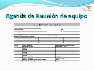 Agenda de Reunión de equipo
                                        Agenda de reunión de equipo
  Equipo:_______________________________________                                          Fecha:
  Proceso/Proyecto:______________________________                                          Hora:
                                                                                          Lugar:



  Líder de equipo:                                                Facilitador de Junta:
  Miembros del equipo y Otros asistentes:




  Tiempo:        Tópicos de agenda:                                               Persona que proporciona información:
                 Revisión de acciones:                                            Facilitador de la Junta
                 Tópico 1:
                 Tópico 2:
                 Tópico 3:
                 Tópico 4:
                 Tópico 5:
                 Tópico 6:
                 Resumen de decisión                                              Tomador de notas
                 Resumen de acciones                                              Tomador de notas
                 Identificar actividades para la próxima agenda                   Todos
                 Evaluación de la Junta de hoy                                    Todos
 