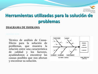 Herramientas utilizadas para la solución de
               problemas
DIAGRAMA DE ISHIKAWA

DEFINICIÓN

  Técnica de análisis de Causa-
  Efecto para la solución de
  problemas, que muestra la
  relación entre una característica
  de calidad y los factores,
  ayudándonos a encontrar las
  causas posibles que nos afectan
  y encontrar su solución.
 