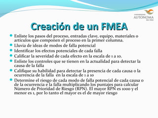 Creación de un FMEA
 Enliste los pasos del proceso, entradas clave, equipo, materiales o
  artículos que componen el proceso en la primer columna.
 Lluvia de ideas de modos de falla potencial
 Identificar los efectos potenciales de cada falla
 Calificar la severidad de cada efecto en la escala de 1 a 10.
 Enliste los controles que se tienen en la actualidad para detectar la
  causa de la falla
 Califique su habilidad para detectar la presencia de cada causa o la
  ocurrencia de la falla en la escala de 1 a 10
 Determine el riesgo de cada modo de falla potencial de cada causa o
  de la ocurrencia e la falla multiplicando los puntajes para calcular
  Número de Prioridad de Riesgo (RPN). El mayor RPN es 1000 y el
  menor es 1, por lo tanto el mayor es el de mayor riesgo
 