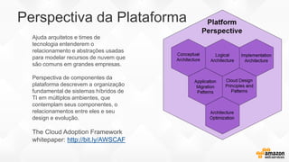 Perspectiva da Plataforma
Ajuda arquitetos e times de
tecnologia entenderem o
relacionamento e abstrações usadas
para modelar recursos de nuvem que
são comuns em grandes empresas.
Perspectiva de componentes da
plataforma descrevem a organização
fundamental de sistemas híbridos de
TI em múltiplos ambientes, que
contemplam seus componentes, o
relacionamentos entre eles e seu
design e evolução.
The Cloud Adoption Framework
whitepaper: http://bit.ly/AWSCAF
 