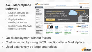AWS Marketplace
software
• Launch software on
AWS with 1-click
• Pay-by-the-hour,
monthly, or annual
• Single invoice for AWS
usage & software
• Quick deployment without friction
• Cost reduction by using BYOL functionality in Marketplace
• Used extensively by large enterprises
 