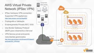 AWS Virtual Private
Network (IPSec VPN)
o IPSec hardware VPN connection
Supported VPN appliances:
https://aws.amazon.com/vpc/faqs/#C9
o Criptografia e Validação
o Endereçamento Privado RFC 1918
o Usa Border Gateway Protocol
(BGP) para roteamento e fail-over
o VPN Service provê end-points
redundantes gerenciados
http://docs.aws.amazon.com/AmazonVPC/latest/U
serGuide/VPC_VPN.html
Virtual
Gateway
Corporate
data center
Users
Data center router
Servers
Internet
IPSec VPN
VPC Subnet
Availability Zone
Security Group
VPC Subnet
Availability Zone
Security Group
 