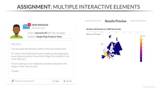 NEW MESSAGE
From: Leonard Lift (Ski Trip Concierge)
Subject: Single Map Feature View
March 25, 2023
Section03_assignments.ipynb
ASSIGNMENT: MULTIPLE INTERACTIVE ELEMENTS
Results Preview
*Copyright Maven Analytics, LLC
Hey there,
Can we apply the elevation slider to the map-based view?
It’s much more helpful given we’re working with geographic
areas (please keep the Snow Park & Night Ski checklist in the
same map too!)
If you’re daring, try to embed the elevation selected in the
header of the chart as well!
Thanks!
 
