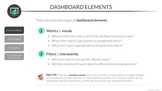 1. Filters & interactivity
• Will users need to see specific, filtered views?
• Will they need to drill up or down to different levels of granularity?
2
1. Metrics & visuals
• What are the main metrics (KPIs) the dashboard needs to track?
• What other metrics add context to complement these?
• What chart type is appropriate to visualize each metric?
1
DASHBOARD ELEMENTS
*Copyright Maven Analytics, LLC
There are two main types of dashboard elements:
PRO TIP: Think like a business owner before you think like an analyst; before you begin building
your dashboard with code, take time to understand the outcomes you’re trying to impact, the key
stakeholders and their motivations, and the specific purpose your dashboard will serve
 