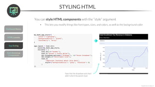 STYLING HTML
*Copyright Maven Analytics, LLC
You can style HTML components with the “style” argument
• This lets you modify things like font types, sizes, and colors, as well as the background color
Note that the dropdown and chart
didn’t inherit the parent style!
 