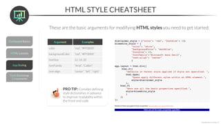 HTML STYLE CHEATSHEET
*Copyright Maven Analytics, LLC
These are the basic arguments for modifying HTML styles you need to get started:
color “red”, “#FF0000”
backgroundColor “red”, “#FF0000”
fontSize 12, 14, 20
fontFamily “Arial”, “Calibri”
text-align “center”, “left”, “right”
PRO TIP: Consider defining
style dictionaries in advance
to improve readability within
the front-end code
 