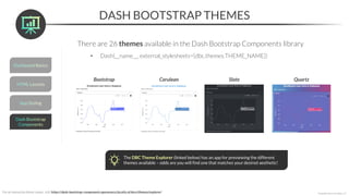 DASH BOOTSTRAP THEMES
*Copyright Maven Analytics, LLC
For an interactive theme viewer, visit: https://dash-bootstrap-components.opensource.faculty.ai/docs/themes/explorer/
There are 26 themes available in the Dash Bootstrap Components library
• Dash(__name__, external_stylesheets=[dbc.themes.THEME_NAME])
Bootstrap Cerulean Slate Quartz
The DBC Theme Explorer (linked below) has an app for previewing the different
themes available – odds are you will find one that matches your desired aesthetic!
 