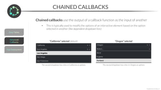 CHAINED CALLBACKS
*Copyright Maven Analytics, LLC
Chained callbacks use the output of a callback function as the input of another
• This is typically used to modify the options of an interactive element based on the option
selected in another (like dependent dropdown lists)
“California” selected (default) “Oregon” selected
The second dropdown has cities in California as options The second dropdown has cities in Oregon as options
 
