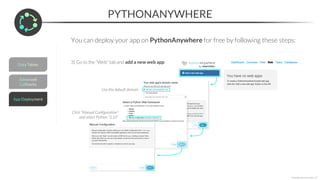PYTHONANYWHERE
*Copyright Maven Analytics, LLC
You can deploy your app on PythonAnywhere for free by following these steps:
3) Go to the “Web” tab and add a new web app
Use the default domain
Click “Manual Configuration”
and select Python “3.10”
 