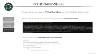 PYTHONANYWHERE
*Copyright Maven Analytics, LLC
You can deploy your app on PythonAnywhere for free by following these steps:
6) Type “mkvirtualenv myvirtualenv --python=/usr/bin/python3.10” to create an environment
7) Go to the “Web” tab and connect your app to your environment
Replace “cwbruehl” with your username
 