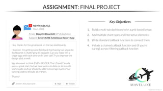 NEW MESSAGE
From: Deepthi Downhill (VP of Analytics)
Subject: Even MORE Ambitious Resort App
May 1, 2023
ASSIGNMENT: FINAL PROJECT
Key Objectives
section07_final_project.ipynb
*Copyright Maven Analytics, LLC
1. Build a multi-tab dashboard with a grid-based layout
2. Add multiple chart types and interactive elements
3. Write standard callback functions to connect them
4. Include a chained callback function and (if you’re
daring) a cross-filtering callback function
Hey, thanks for the great work on the two dashboards.
However, I’m getting some feedback that having two separate
dashboards is challenging to navigate. Can you make this a
single app, with each view on its own tab? Try to improve the
design a bit as well.
We also want to think EVEN BIGGER. The US and Canada
were a great start, but we have access to data on ski resorts
world-wide, and we should be able to leverage much of our
existing code to include all of them.
Thanks!
 