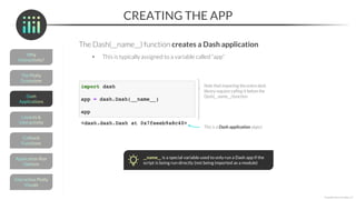 CREATING THE APP
The Dash(__name__) function creates a Dash application
• This is typically assigned to a variable called “app”
*Copyright Maven Analytics, LLC
Note that importing the entire dash
library requires calling it before the
Dash(__name__) function
This is a Dash application object
__name__ is a special variable used to only run a Dash app if the
script is being run directly (not being imported as a module)
 