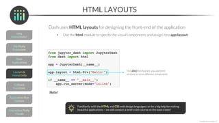 HTML LAYOUTS
Dash uses HTML layouts for designing the front-end of the application
• Use the html module to specify the visual components and assign it to app.layout
*Copyright Maven Analytics, LLC
The .Div() method lets you add html
sections to store different components
Familiarity with the HTML and CSS web design languages can be a big help for making
beautiful applications – we will conduct a brief crash course on the basics later!
 